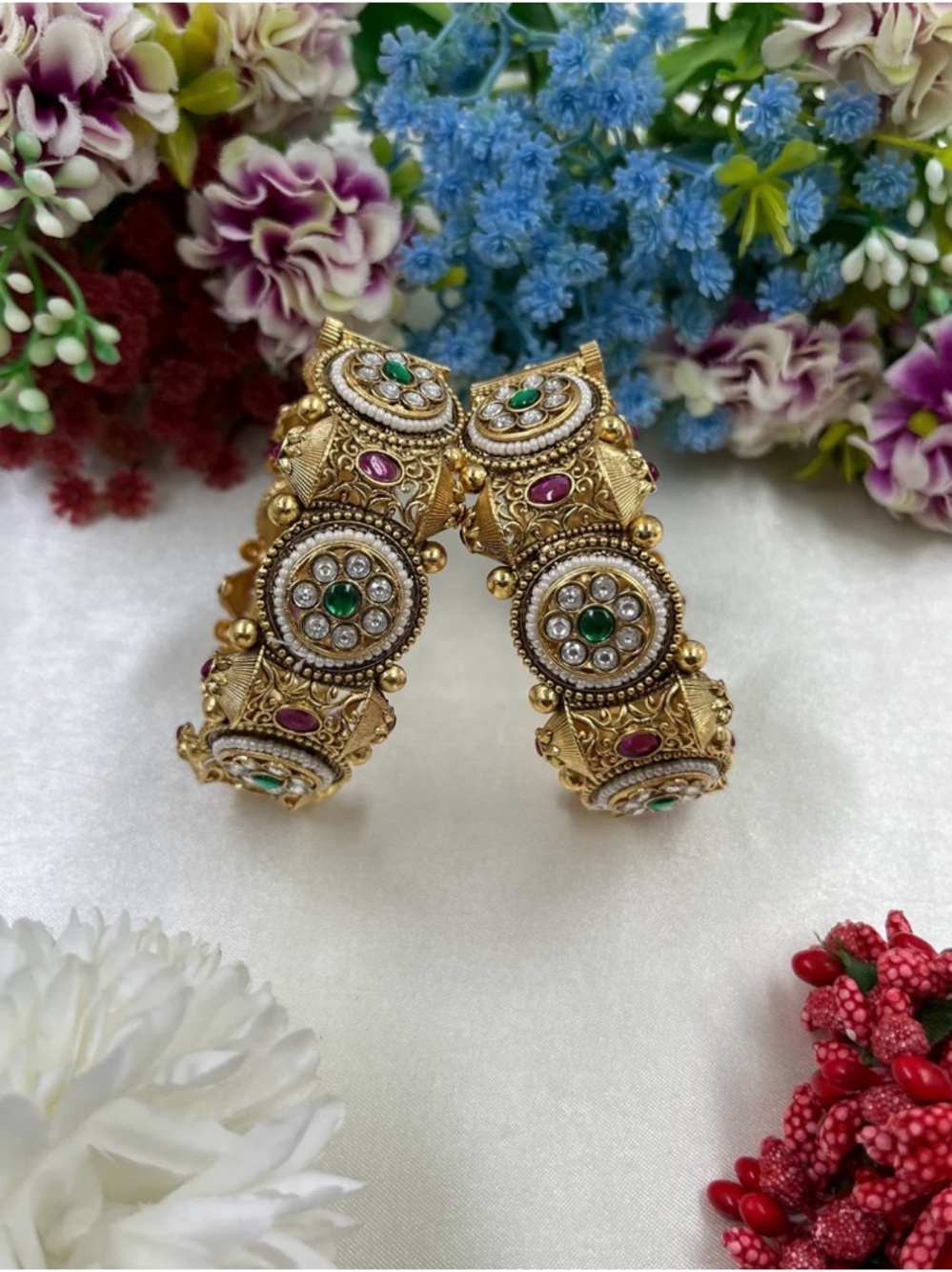 Gold-Tone Traditional Women’s Bangle with Green & Pink Stones: Openable (pair)